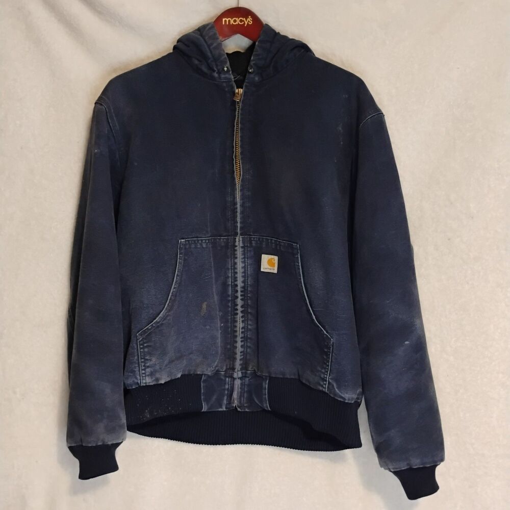 Vintage Carhartt J140 DNY Jacket L Navy Canvas Workwear Embroidered Distressed